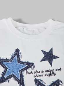 SHEIN ChillGRL 青少年女孩 2件組 短袖星星印花圓領T恤與印花寬腿長褲 S號套裝，休閒夏季星星印花套裝 - 藍色 - 查看 5