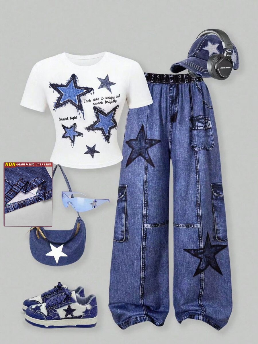 SHEIN ChillGRL 青少年女孩 2件組 短袖星星印花圓領T恤與印花寬腿長褲 S號套裝,休閒夏季星星印花套裝 - 藍色 - 查看 1