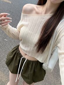 DAZY Women's Summer Large Scoop Neck Long Sleeve Sheer Knit Base Layer Top Vacation - White - View 2