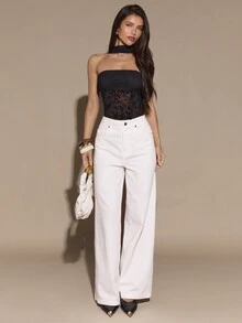 SHEIN BAE 秋冬女款純黑色抹胸半透植絨拼接性感連身衣 - 黑色 - 查看 4