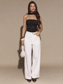 SHEIN BAE 秋冬女款純黑色抹胸半透植絨拼接性感連身衣 - 黑色 - 查看 3