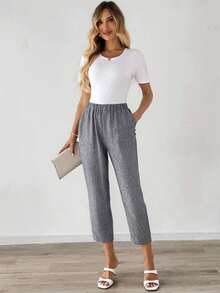 EMERY ROSE Women's Casual Commuter Solid Color Tapered Pants Work Trousers Women Summer Fall Teacher Business Office Linen Grey - Grey - View 4