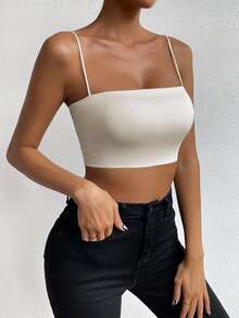SHEIN Unity 女士纯色短款休闲修身吊带背心 - 米色 - 查看 4