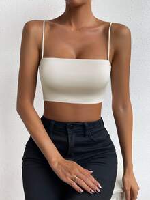 SHEIN Unity 女士纯色短款休闲修身吊带背心 - 米色 - 查看 7