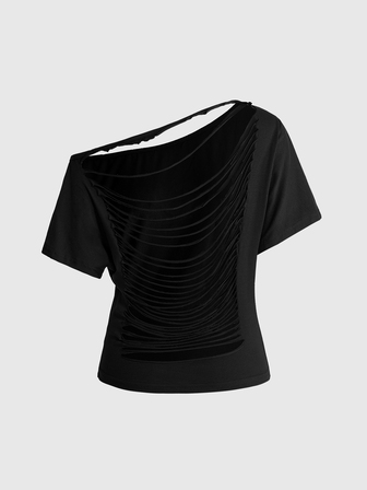 Grunge Punk Camiseta de manga corta para mujer con abertura en la espalda, calavera de strass, hombro asimétrico estilo Y2K, negro versátil, estilo hot girl, primavera/verano