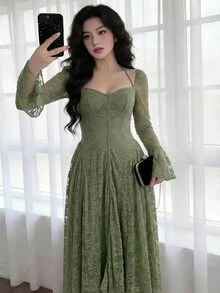 Feyla Women's Sweetheart Neck Flare Sleeve Lace Elegant Mid-Length Dress - Green - View 6