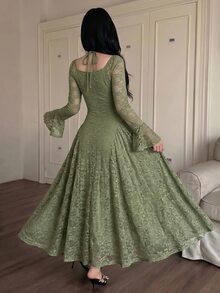 Feyla Women's Sweetheart Neck Flare Sleeve Lace Elegant Mid-Length Dress - Green - View 2