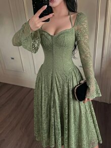 Feyla Women's Sweetheart Neck Flare Sleeve Lace Elegant Mid-Length Dress - Green - View 5