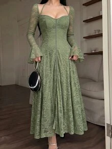 Feyla Women's Sweetheart Neck Flare Sleeve Lace Elegant Mid-Length Dress - Green - View 4