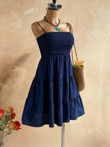 Soleia Women's Solid Color Ruffled Hem Spaghetti Strap Dress,Summer Dresses For Women - Navy Blue - View 6