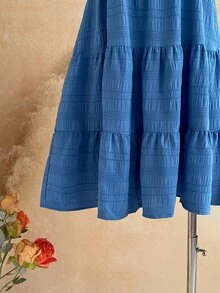 Soleia 女士純色質感織紋束腰胸衣抽褶分層搖擺吊帶連身裙 - 霧霾藍 - 查看 6