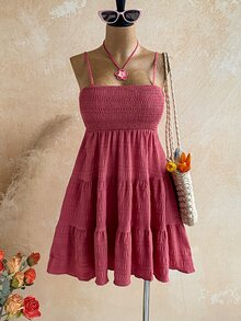 Soleia Casual Summer Cami Dress With Ruffled Hem - Rusty Rose - View 6