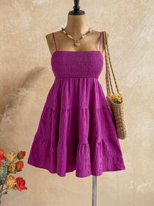 Soleia Women's Summer Holiday Solid Color Spaghetti Strap Dress With Ruffled Hem - Purple - View 6