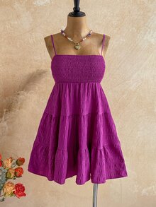 Soleia Women's Summer Holiday Solid Color Spaghetti Strap Dress With Ruffled Hem - Purple - View 5