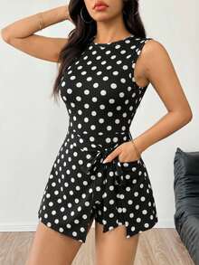 SHEIN EZwear 女款休閒復古經典黑白波點露背修身連身褲 - 彩色 - 查看 5