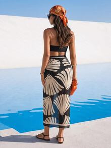 SHEIN Swim 大尺碼女款黑色交叉掛脖鏤空上衣與高腰比基尼褲套裝，附圖案網紗長裙，優雅夏季海灘穿搭 - 黑色 - 查看 2