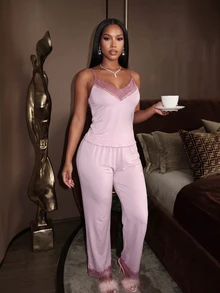 Silforma Lace Trim Camisole And Pants Women Pajama Set - Pink - View 6