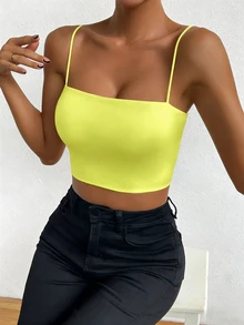SHEIN ChicEase 蜜蜂黃無袖基礎細肩帶上衣，優雅上衣，促銷上衣，街頭風，女性生日上衣，亮面上衣，演唱會上衣，夜店上衣，約會之夜上衣，基礎上衣，外出上衣，休閒針織上衣，Y2K，維他命色 - 黃色 - 查看 3