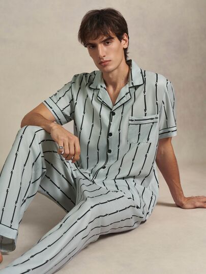 EverLounge Striped Open Front Lapel Short Sleeve Long Pants Men's Loungewear 2 Pieces Pajama Set