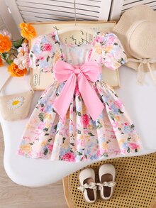 SHEIN Elladie kids 女童甜美碎花泡泡袖洋裝，附可拆式蝴蝶結，休閒公主仙女風婚禮穿著，7歲生日夏季婚禮禮服 - 粉色 - 查看 2