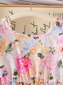 SHEIN Elladie kids 女童甜美碎花泡泡袖洋裝，附可拆式蝴蝶結，休閒公主仙女風婚禮穿著，7歲生日夏季婚禮禮服 - 粉色 - 查看 4