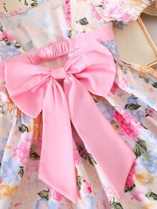 SHEIN Elladie kids 女童甜美碎花泡泡袖洋裝，附可拆式蝴蝶結，休閒公主仙女風婚禮穿著，7歲生日夏季婚禮禮服 - 粉色 - 查看 8