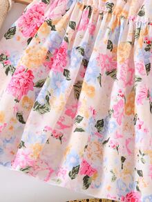 SHEIN Elladie kids 女童甜美碎花泡泡袖洋裝，附可拆式蝴蝶結，休閒公主仙女風婚禮穿著，7歲生日夏季婚禮禮服 - 粉色 - 查看 7