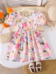 SHEIN Elladie kids 女童甜美碎花泡泡袖洋裝，附可拆式蝴蝶結，休閒公主仙女風婚禮穿著，7歲生日夏季婚禮禮服 - 粉色 - 查看 3