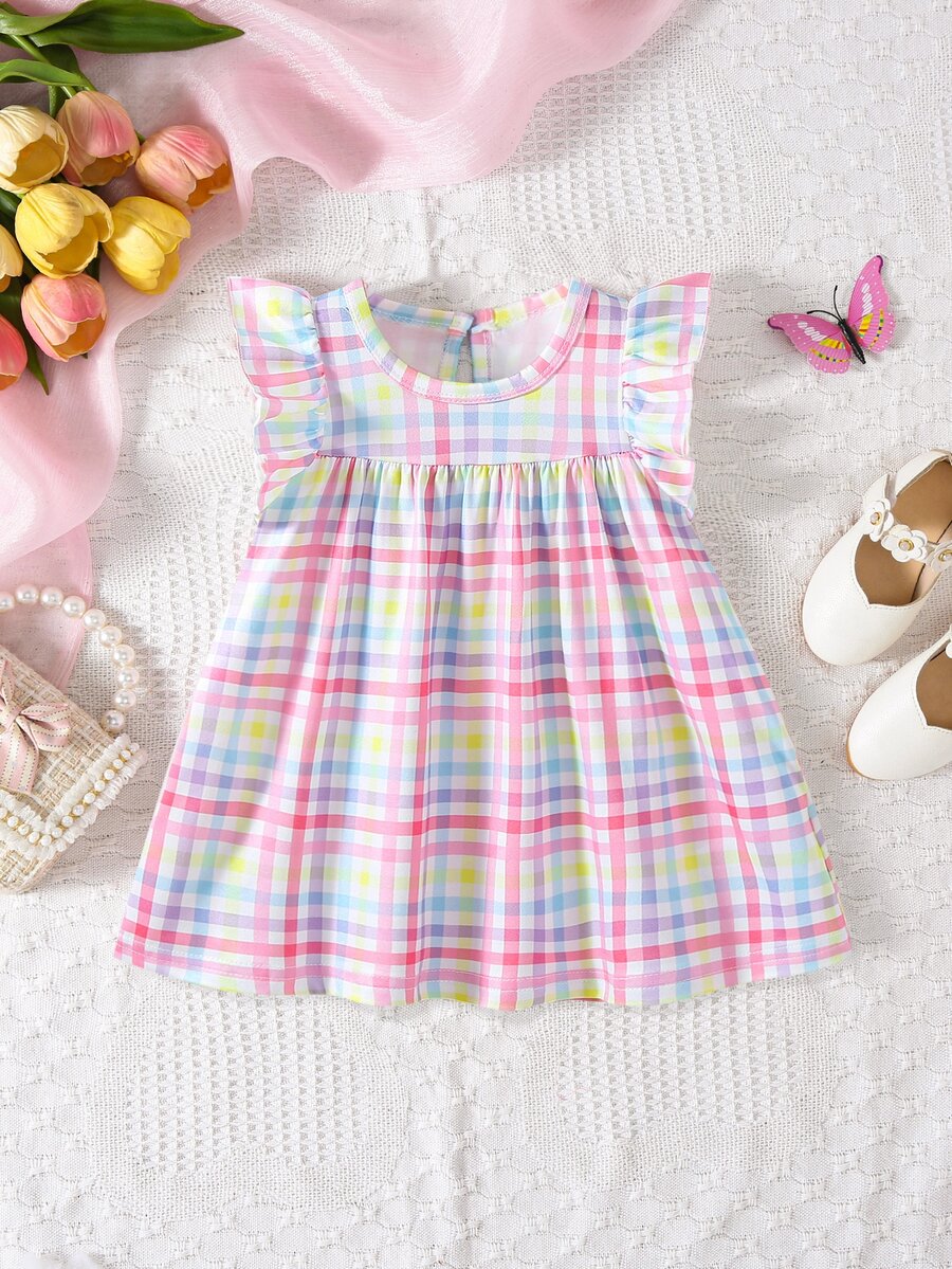 SHEIN Newborn Baby Girl Summer Cute Sleeveless Knit Dress Colorful Ruffled Trim A-Line Doll Silhouette