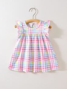 SHEIN Newborn Baby Girl Summer Cute Sleeveless Knit Dress Colorful Ruffled Trim A-Line Doll Silhouette - Multicolor - View 5