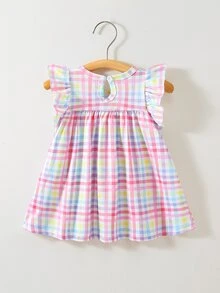 SHEIN Newborn Baby Girl Summer Cute Sleeveless Knit Dress Colorful Ruffled Trim A-Line Doll Silhouette - Multicolor - View 3