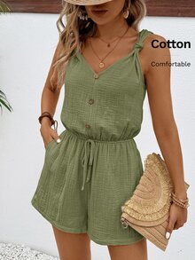 SHEIN Frenchy Women Texture Button Decor Elastic Waistband Summer Simple Casual Romper Rompers Linen Comfy Green Christmas - Army Green - View 4