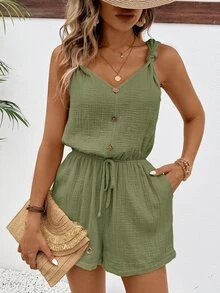 SHEIN Frenchy Women Texture Button Decor Elastic Waistband Summer Simple Casual Romper Rompers Linen Comfy Green Christmas - Army Green - View 2