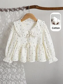 SHEIN 女童純棉彼得潘領長袖襯衫，春秋款休閒度假鄉村風上衣，適合校園穿著 - 黑與白 - 查看 2