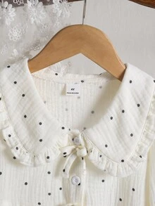 SHEIN 女童純棉彼得潘領長袖襯衫，春秋款休閒度假鄉村風上衣，適合校園穿著 - 黑與白 - 查看 5