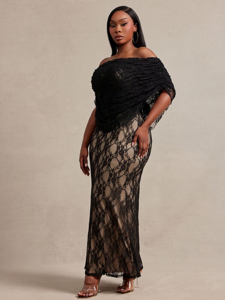 Radiana Curve Plus Size Women's Ruched Off-Shoulder Lace Fitted Elegant Dress - Black - View 3