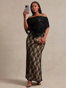 Radiana Plus Size Women's Ruched Off-Shoulder Lace Fitted Elegant Dress - Black - View 1