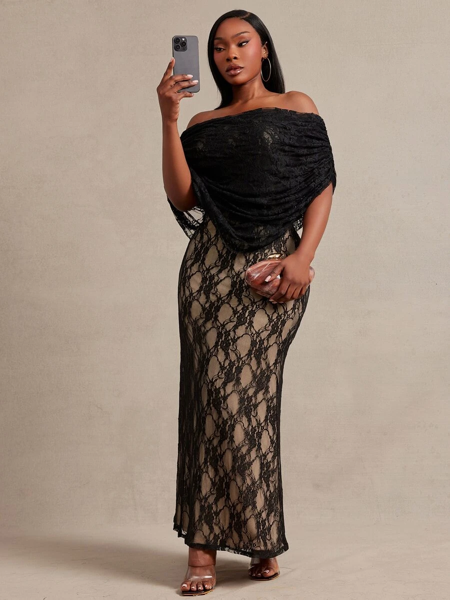 Radiana Plus Size Women's Ruched Off-Shoulder Lace Fitted Elegant Dress - Black - View 1