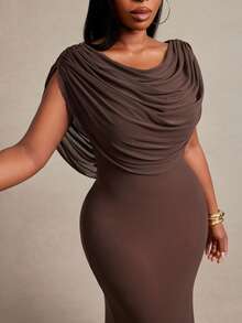 Radiana Curve Plus Size Women's Sexy Elegant Sheer Draped Collar Fish Tail Long Dress Dinner Party Formal Evening Chocolate Brown Summer - Brown - View 5