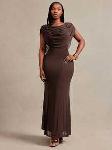 Radiana Curve Plus Size Women's Sexy Elegant Sheer Draped Collar Fish Tail Long Dress Dinner Party Formal Evening Chocolate Brown Summer - Brown - View 3
