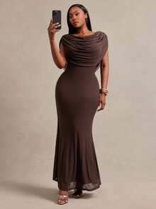 Radiana Curve Plus Size Women's Sexy Elegant Sheer Draped Collar Fish Tail Long Dress Dinner Party Formal Evening Chocolate Brown Summer - Brown - View 1