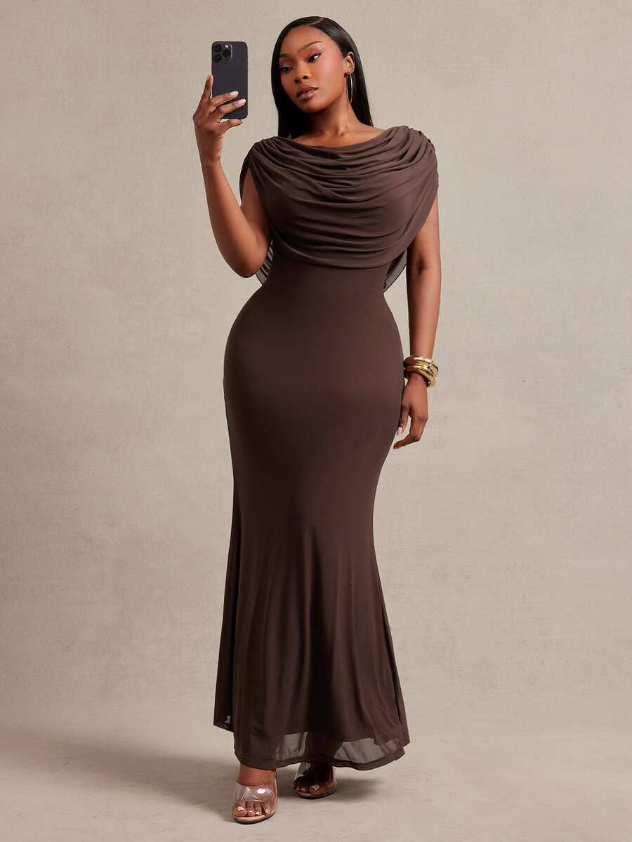 Radiana Curve Plus Size Women's Sexy Elegant Sheer Draped Collar Fish Tail Long Dress Dinner Party Formal Evening Chocolate Brown Summer - Brown - View 1