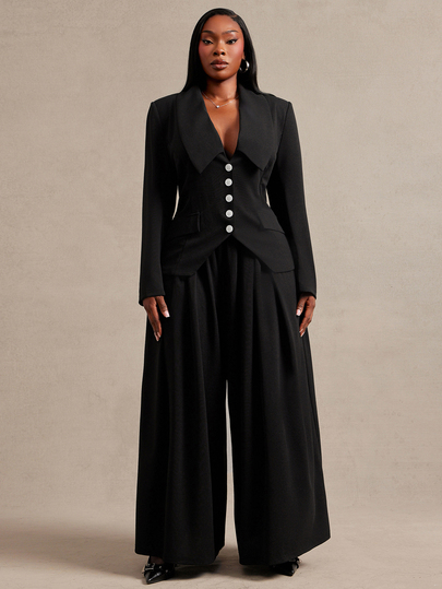 Radiana Curve Plus Size Women's Autumn/Winter Fashion Elegant Professional Formal Black & White Contrast Button Waist-Cinching Blazer & Pants 2 Pieces Set, Suitable For Office