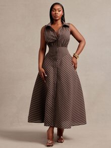 Radiana Curve Plus Size Women's Striped Casual Party & Travel Dress - Brown - View 6
