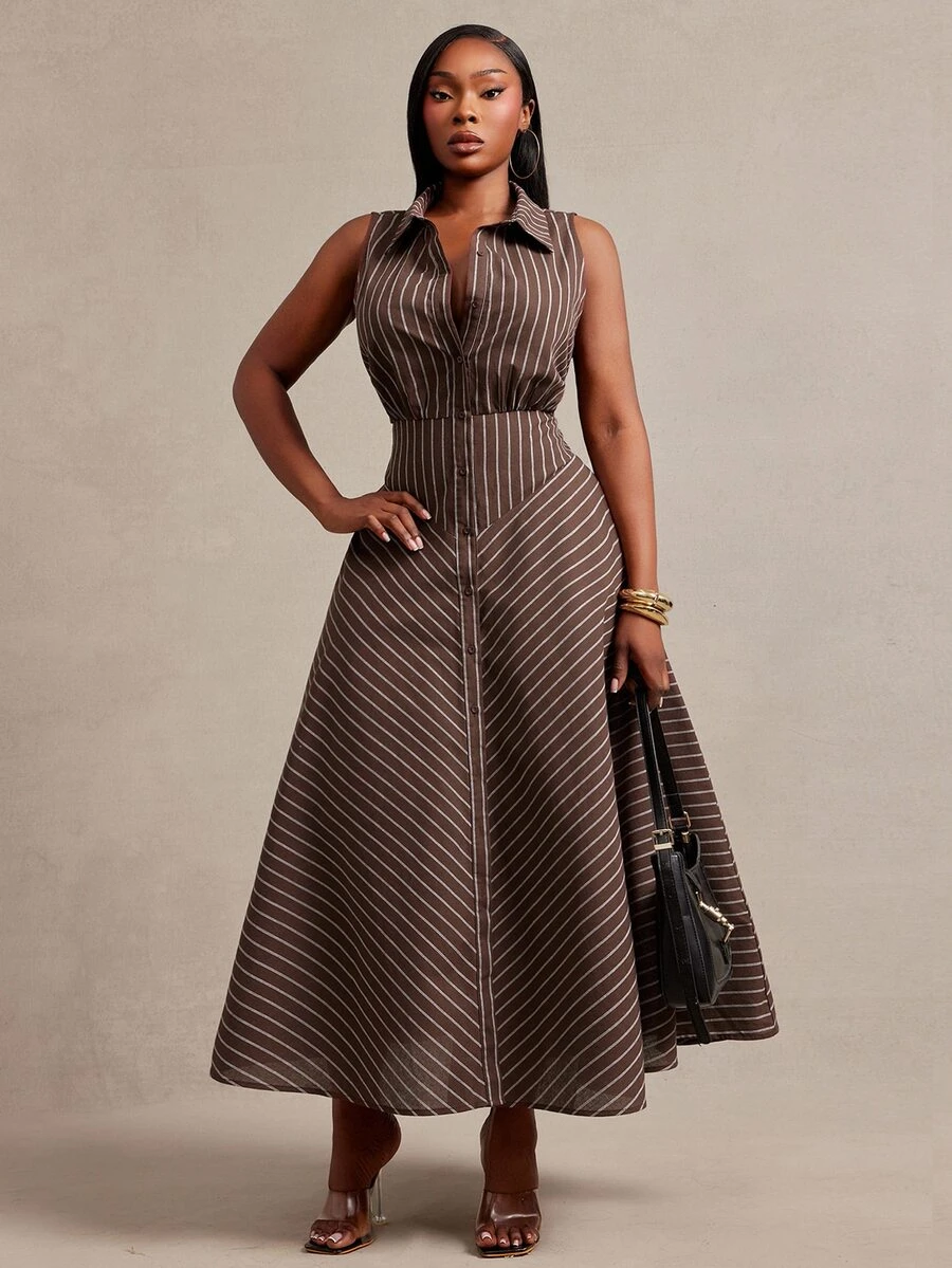 Radiana Curve Plus Size Women's Striped Casual Party & Travel Dress - Brown - View 1