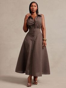 Radiana Curve Plus Size Women's Striped Casual Party & Travel Dress - Brown - View 7