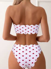 Swim Lushoire Summer Beach Women's Heart Pattern Front Tie Bandeau Bikini Set - White - View 3