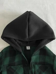 SHEIN Genkimix Kids 小男孩休閒綠色格紋抓絨內裡連帽衛衣 - 綠色 - 查看 9