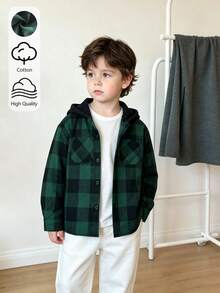 SHEIN Genkimix Kids 小男孩休閒綠色格紋抓絨內裡連帽衛衣 - 綠色 - 查看 3