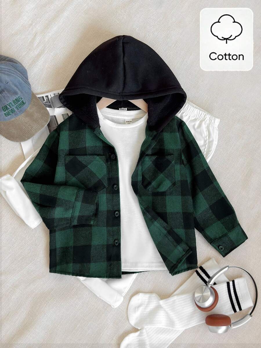 SHEIN Genkimix Kids 小男孩休閒綠色格紋抓絨內裡連帽衛衣 - 綠色 - 查看 1